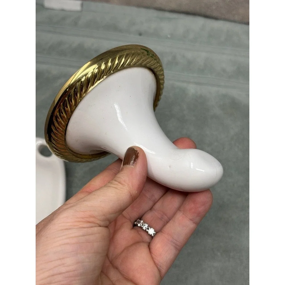 Vintage White Ceramic‎ Soap Dish and Gold Rope Trim Robe Hook Bathroom Set